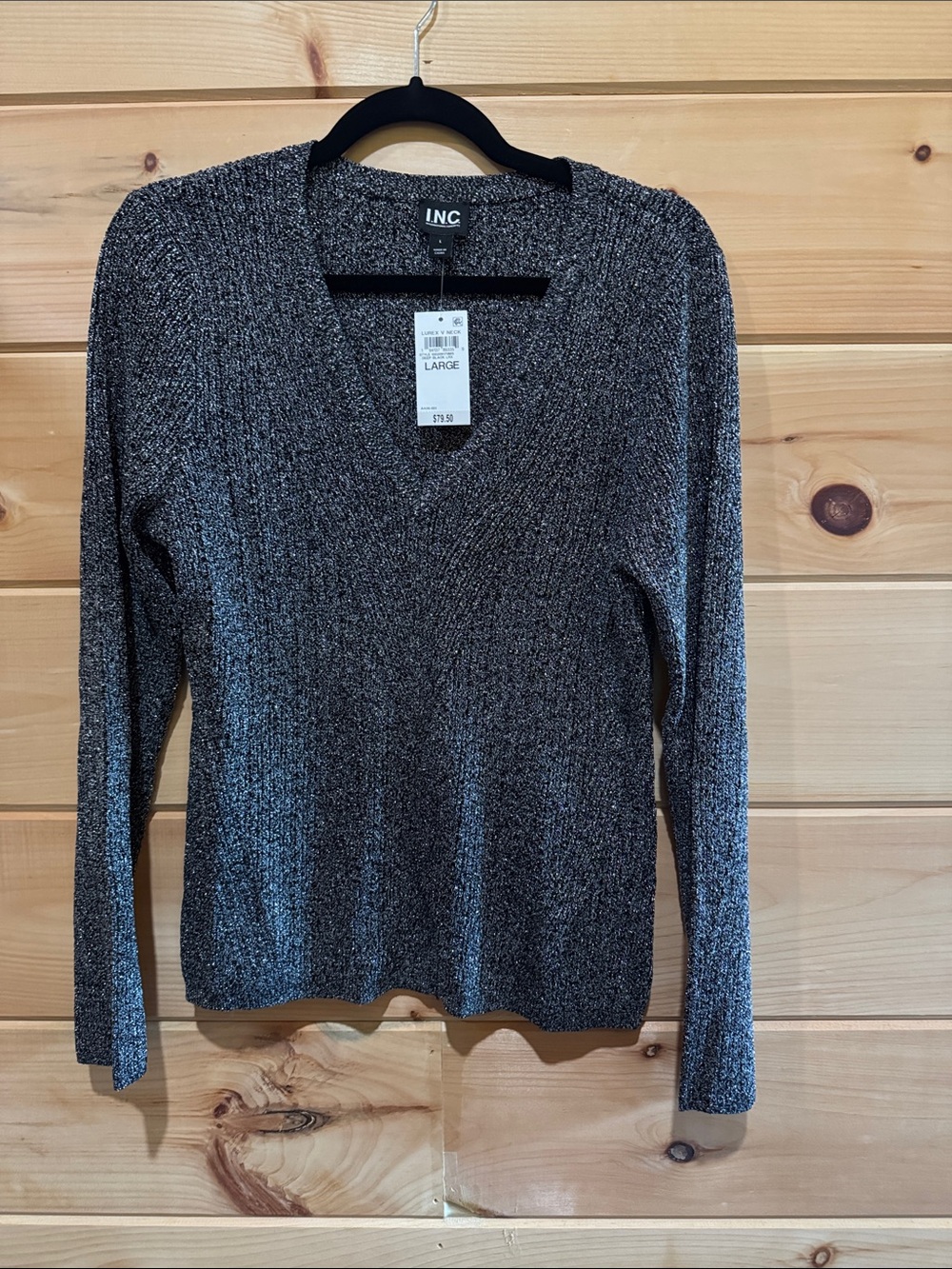 INC International Concepts Metallic Black & Gray V-Neck Sweater